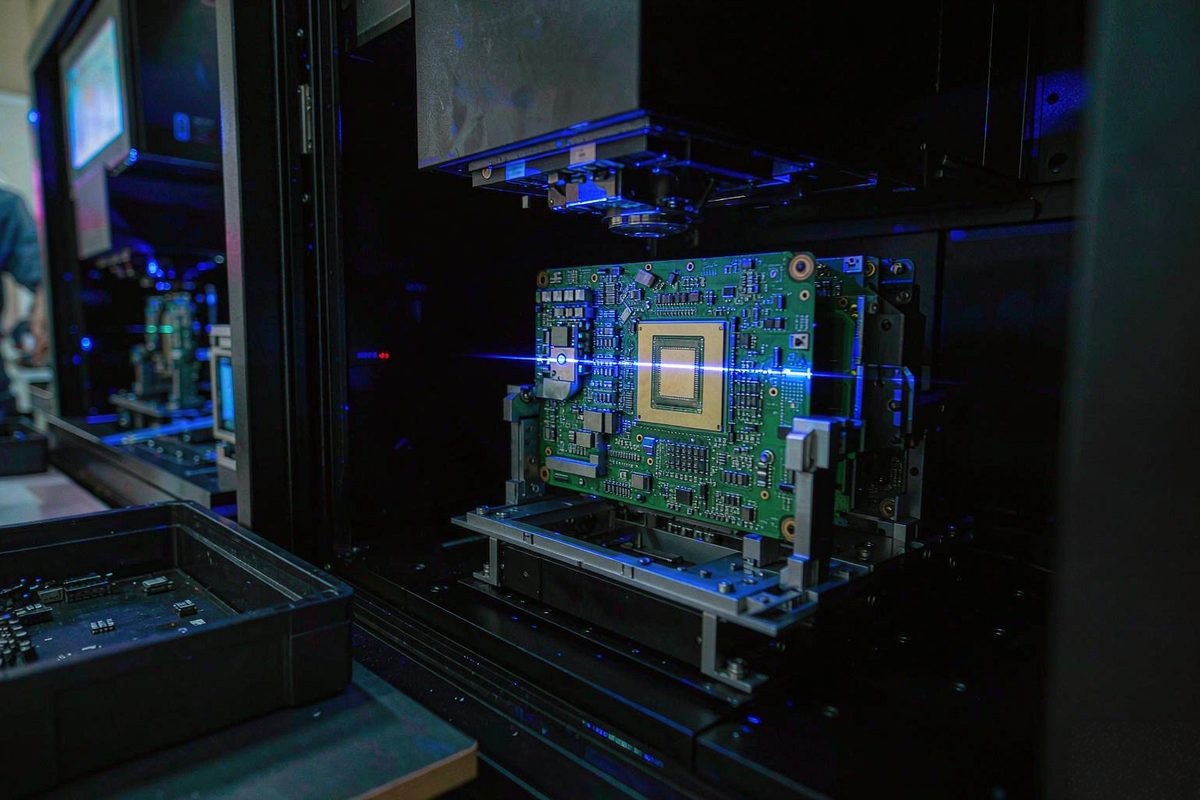Automated optical inspection machine scanning a circuit board under blue light