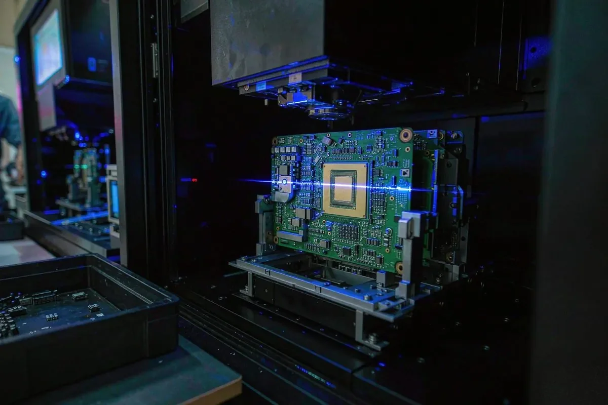 Automated optical inspection machine scanning a circuit board under blue light