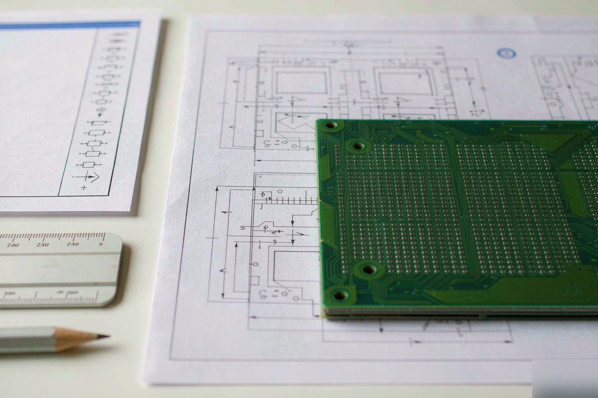 Technical fabrication drawings beside a bare multilayer circuit board