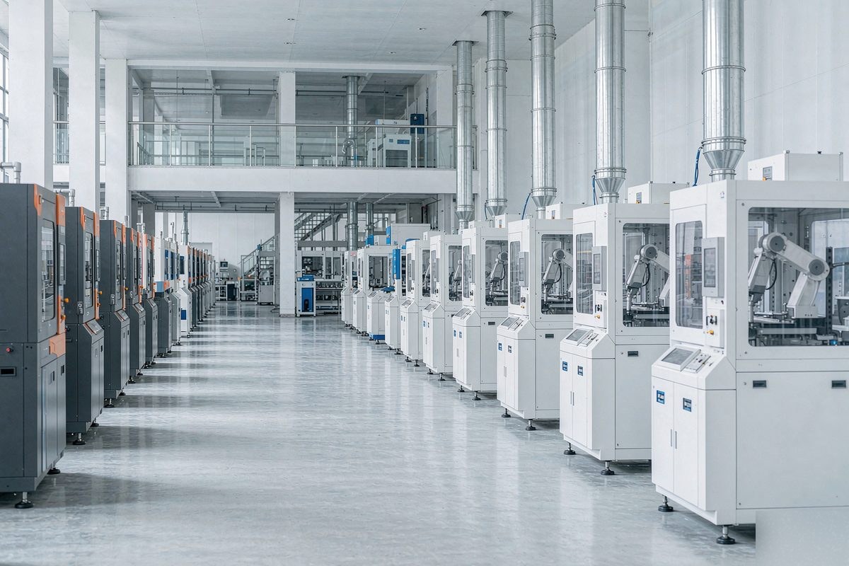 Interior of a modern PCB manufacturing floor with automated production lines