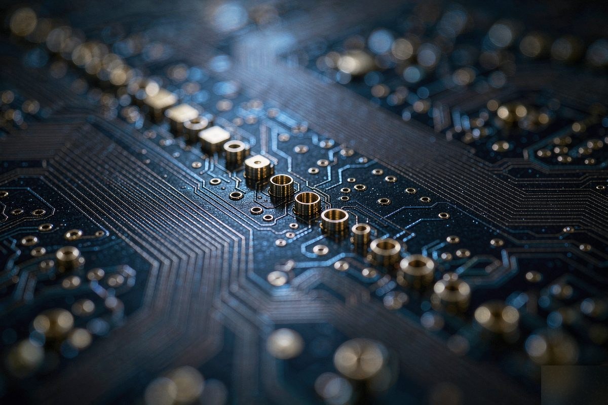 Macro view of an HDI circuit board with laser-drilled microvias and fine traces