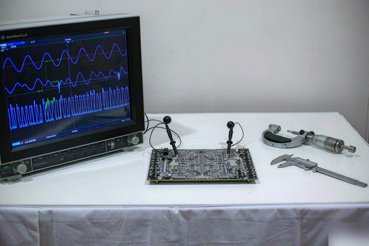 Laboratory measurement bench with instruments on a circuit board