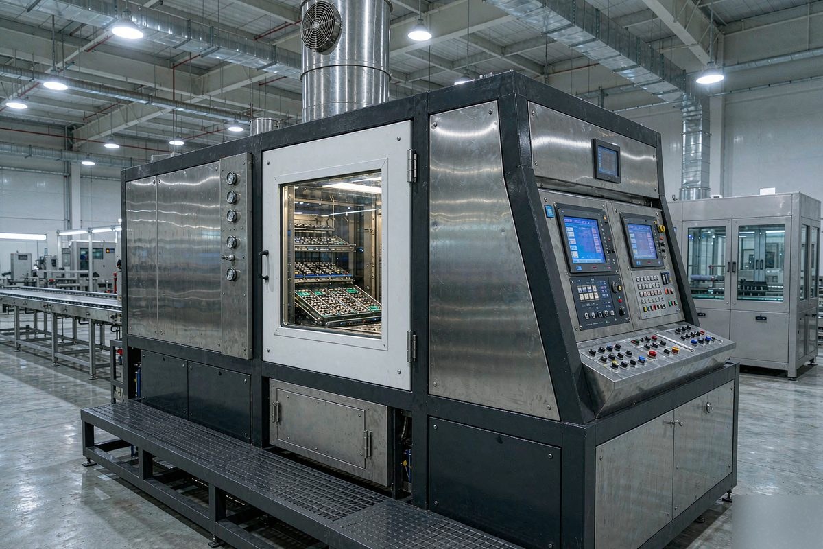 Reflow soldering oven with populated circuit boards on the conveyor