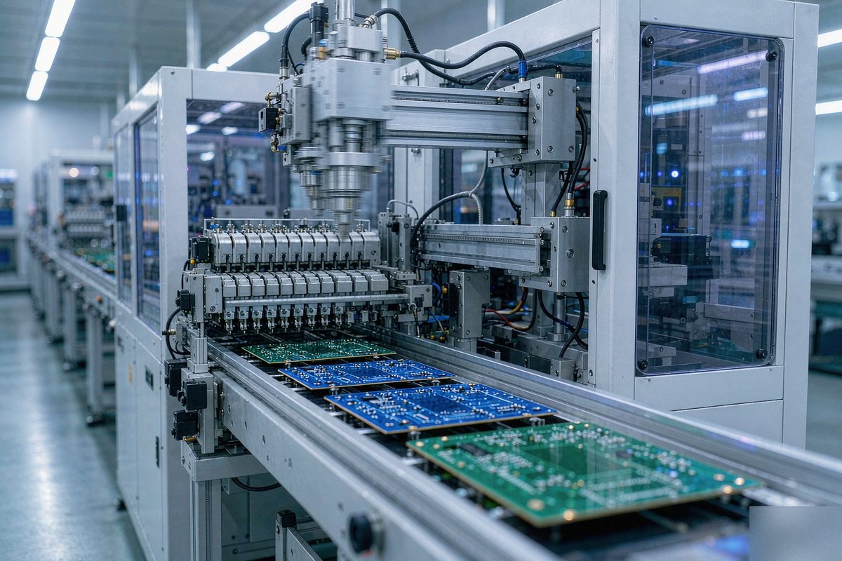 SMT placement line processing circuit boards in a modern electronics factory